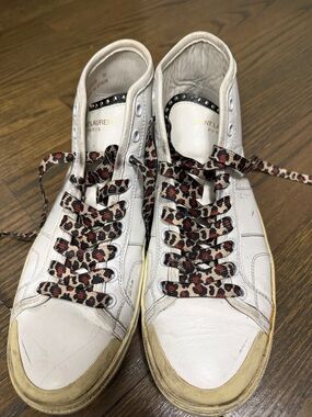 Saint Laurent White Leather High-Top Sneakers with Leopard-Print Laces